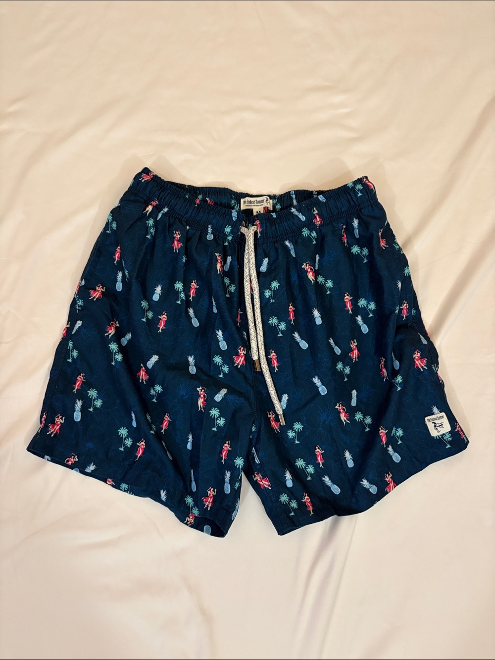 Navy Tropical Print Swim Trunks with Drawstring